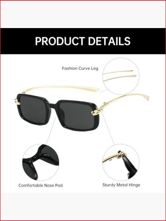 Retro Rectangle Sunglasses for Women Vintage 90S Rectangular Gold Metal Frame main image 4